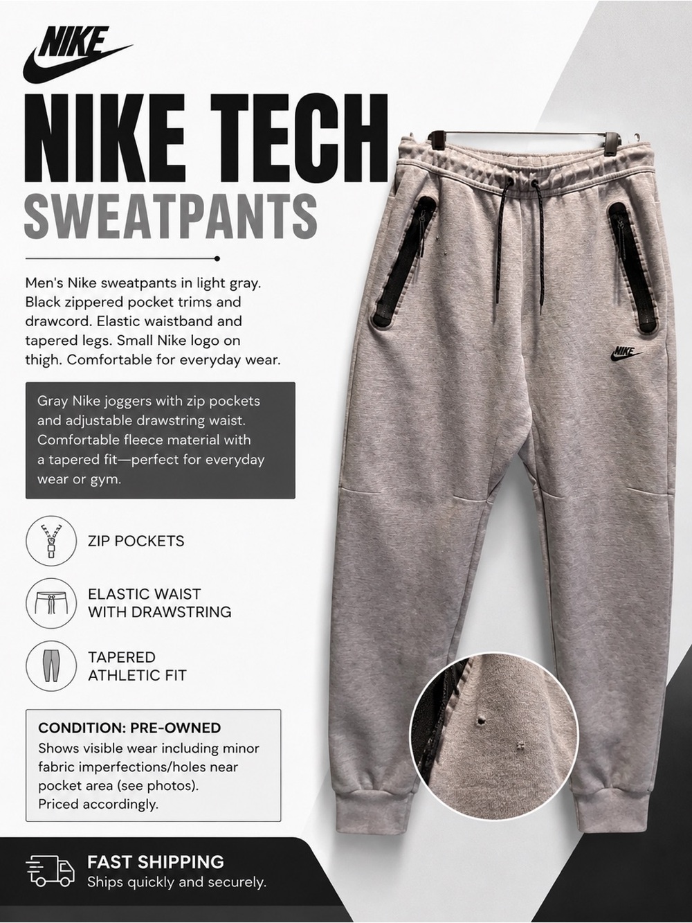 Nike Tech Light Gray Sweatpants with Black Zip Pickets and Tapered Details